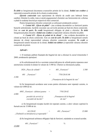 În debit se înregistrează decontarea avansurilor primite de la clienţi. Soldul este creditor şi
reprezintă avansurile primite de la clienţi şi nedecontate.
Efectele comerciale sunt reprezentate de titlurile de credit care îmbracă forma
cambiei, biletului la ordin, trata şi atestă angajamentul clientului sau furnizorului de a efectua
o plată la scadenţa înscrisă pe respectivul efect comercial.
Pentru înregistrarea efectelor comerciale se utilizează următoarele conturi :
 Contul 403 „Efecte de plătit” - ţine evidenţa decontărilor cu furnizorii pentru
bunurile achiziţionate, lucrările executate sau serviciile prestate pe bază de efecte comerciale.
Este un cont de pasiv. În credit înregistrează obligaţia de plată a efectelor. În debit
înregistrează plata efectelor. Soldul este creditor şi reprezintă valoarea efectelor de plătit.
 Contul 413 „Efecte de primit de la clienţi” - tine evidenta decontărilor cu
clienţii pe bază de efecte comerciale. Este un cont de activ. În debit se înregistrează sumele
datorate de clienţi reprezentând valoarea efectelor comerciale acceptate. În credit se
înregistrează sumele încasate de la clienţi. Soldul este debitor şi reprezintă valoarea efectelor
comerciale de primit.
Aplicaţii :
1. O instituţie publică finanţată din bugetul de stat a efectuat în cursul trimestrului I
2009, următoarele operaţiuni:
a) Se achiziţionează de la o societate comercială piese de schimb pentru repararea unor
autoturisme existente în dotare în valoare de 3.500 lei. Ulterior se efectuează şi plata.
3024 „Piese de schimb” = 401 „Furnizori” 3.500
401 „Furnizori” = 7701/20.01.06
3.500
„Finanţarea de la bugetul de stat”
b) Se înregistrează acordarea unui avans pentru efectuarea unor reparaţii curente, in
valoare de 4.000 de lei.
4092 „Furnizori - debitori pentru = 7701/20.02
4.000
prestări de servicii şi „Finanţarea de la bugetul
executări de lucrări” de stat”
c) Se înregistrează recepţia lucrării de reparaţii curente, a cărei valoare cuprinsă în
factură este de 15.000 de lei.
611/20.02 = 401 „Furnizori” 15.000
„Cheltuieli cu întreţinerea şi reparaţiile”
d) Se înregistrează achitarea obligaţiei faţă de furnizori, reţinându-se avansul acordat.
401 „Furnizori” = %
15.000
76
 