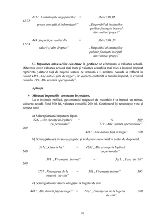 4317 „Contribuţiile angajatorilor = 560/10.03.06
12,75
pentru concedii şi indemnizaţii” „Disponibil al instituţiilor
publice finanţate integral
din venituri proprii”
444 „Impozit pe venitul din = 560/10.01.30
112,4
salarii şi alte drepturi” „Disponibil al instituţiilor
publice finanţate integral
din venituri proprii”
C. Imputarea minusurilor constatate in gestiune se efectuează la valoarea actuală.
Diferenţa dintre valoarea actuală mai mare şi valoarea contabilă mai mică a bunului imputat
reprezintă o datorie faţă de bugetul statului ce urmează a fi achitată. Aceasta se reflectă în
contul 4481 „Alte datorii faţă de buget”, iar valoarea contabilă a bunului imputat, în creditul
contului 719 „Alte venituri operaţionale”.
Aplicaţii:
 Minusuri imputabile constatate în gestiune.
La o instituţie publică, gestionarului magaziei de materiale i se impută un minus,
valoarea actuală fiind 500 lei, valoarea contabilă 200 lei. Gestionarul îşi recunoaşte vina şi
depune banii.
a) Se înregistrează imputarea lipsei.
4282 „Alte creanţe în legătură = % 500
cu personalul” 719 „Alte venituri operaţionale”
200
4481 „Alte datorii faţă de buget” 300
b) Se înregistrează încasarea pagubei şi se depune numerarul în contul de disponibil.
5311 „Casa în lei” = 4282 „Alte creanţe în legătură
500 cu personalul”
581 „Viramente interne” = 5311 „Casa în lei”
500
7701 „Finanţarea de la = 581 „Viramente interne” 500
bugetul de stat”
c) Se înregistrează virarea obligaţiei la bugetul de stat.
4481 „Alte datorii faţă de buget” = 7701 „Finanţarea de la bugetul 300
de stat”
91
 