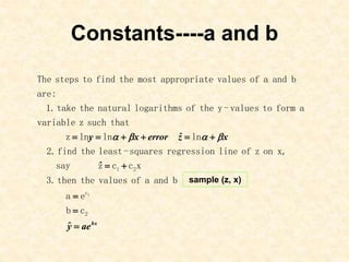 Constants----a and b
bx
ae
ŷ
ˆ
x
ẑ
error
x
y











2
c
2
1
c
b
e
a
b
and
a
of
values
the
then
3.
x
c
c
z
say
x,
on
z
of
line
regression
squares
-
least
the
find
2.
ln
ln
ln
z
that
such
z
variable
a
form
to
values
-
y
the
of
logarithms
natural
the
take
1.
:
are
b
and
a
of
values
e
appropriat
most
the
find
to
steps
The
1




sample (z, x)
 