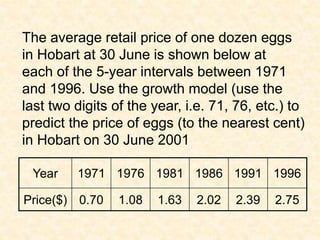 The average retail price of one dozen eggs
in Hobart at 30 June is shown below at
each of the 5-year intervals between 1971
and 1996. Use the growth model (use the
last two digits of the year, i.e. 71, 76, etc.) to
predict the price of eggs (to the nearest cent)
in Hobart on 30 June 2001
Year 1971 1976 1981 1986 1991 1996
Price($) 0.70 1.08 1.63 2.02 2.39 2.75
 