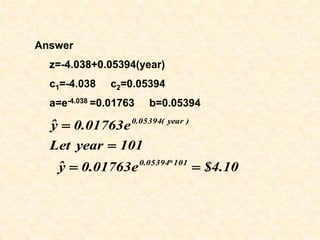 Answer
z=-4.038+0.05394(year)
c1=-4.038 c2=0.05394
a=e-4.038 =0.01763 b=0.05394
10
.
4
$
e
01763
.
0
ŷ
101
year
Let
e
01763
.
0
ŷ
101
*
05394
.
0
)
year
(
05394
.
0




 