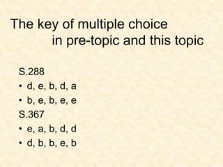 The key of multiple choice
in pre-topic and this topic
S.288
• d, e, b, d, a
• b, e, b, e, e
S.367
• e, a, b, d, d
• d, b, b, e, b
 