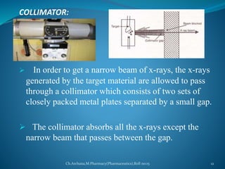 COLLIMATOR: 
 In order to get a narrow beam of x-rays, the x-rays 
generated by the target material are allowed to pass 
through a collimator which consists of two sets of 
closely packed metal plates separated by a small gap. 
 The collimator absorbs all the x-rays except the 
narrow beam that passes between the gap. 
Ch.Archana,M.Pharmacy(Pharmaceutics),Roll no:15 12 
 