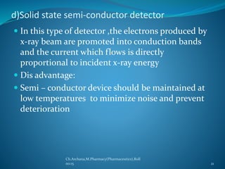 d)Solid state semi-conductor detector 
 In this type of detector ,the electrons produced by 
x-ray beam are promoted into conduction bands 
and the current which flows is directly 
proportional to incident x-ray energy 
 Dis advantage: 
 Semi – conductor device should be maintained at 
low temperatures to minimize noise and prevent 
deterioration 
Ch.Archana,M.Pharmacy(Pharmaceutics),Roll 
no:15 21 
 