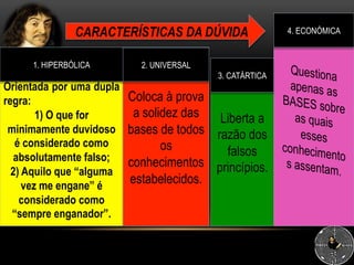 Orientada por uma dupla
regra:
1) O que for
minimamente duvidoso
é considerado como
absolutamente falso;
2) Aquilo que “alguma
vez me engane” é
considerado como
“sempre enganador”.
Coloca à prova
a solidez das
bases de todos
os
conhecimentos
estabelecidos.
Liberta a
razão dos
falsos
princípios.
CARACTERÍSTICAS DA DÚVIDA
1. HIPERBÓLICA 2. UNIVERSAL
3. CATÁRTICA
4. ECONÓMICA
 