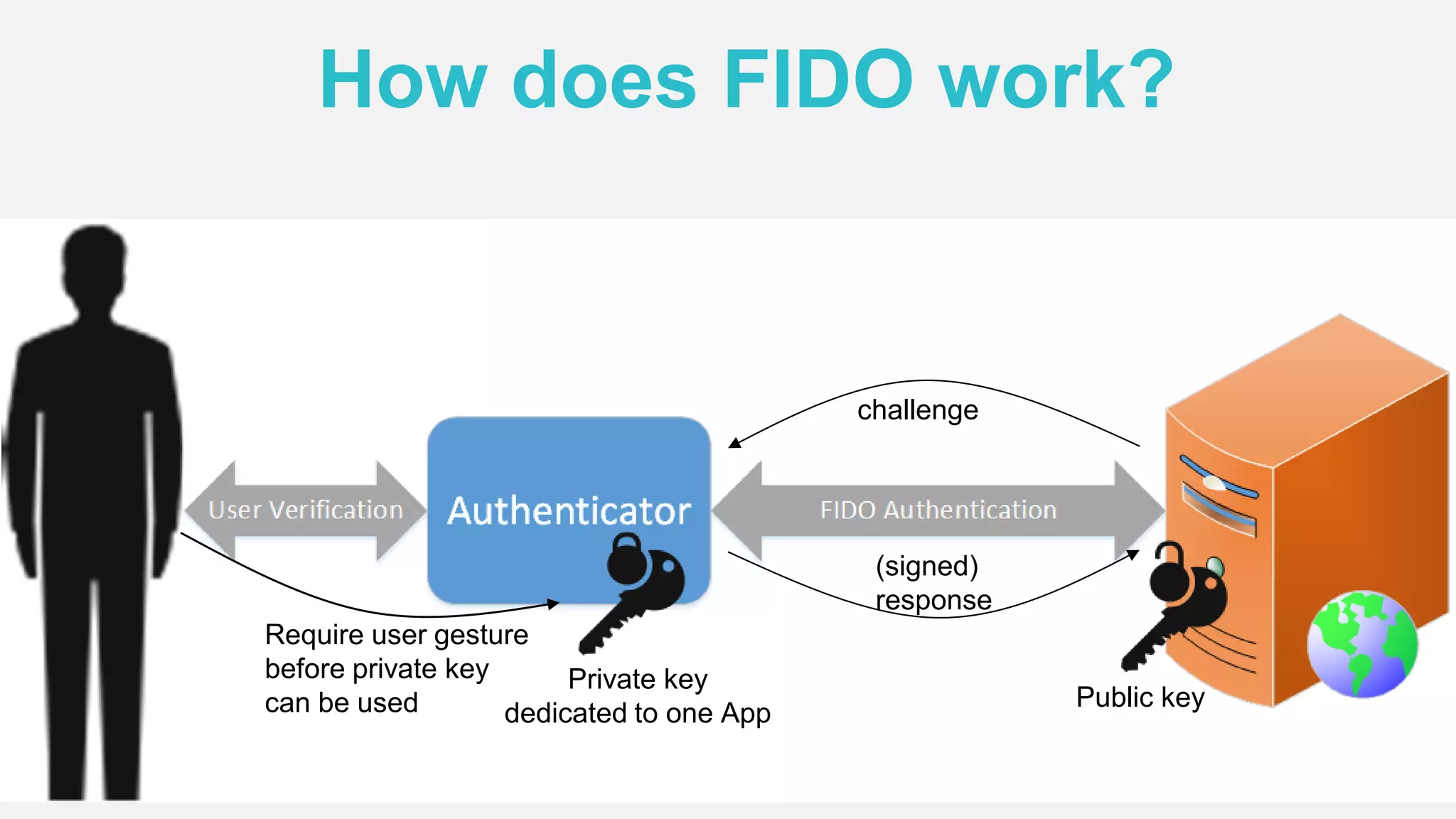 How does FIDO work?
Private key
dedicated to one App
Public key
challenge
(signed)
response
Require user gesture
before private key
can be used
 