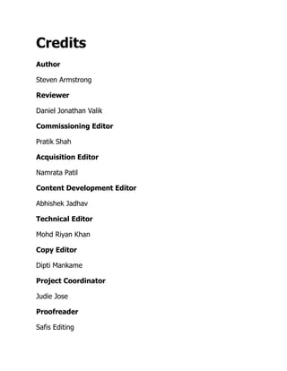 Credits
Author
Steven Armstrong
Reviewer
Daniel Jonathan Valik
Commissioning Editor
Pratik Shah
Acquisition Editor
Namrata Patil
Content Development Editor
Abhishek Jadhav
Technical Editor
Mohd Riyan Khan
Copy Editor
Dipti Mankame
Project Coordinator
Judie Jose
Proofreader
Safis Editing
 