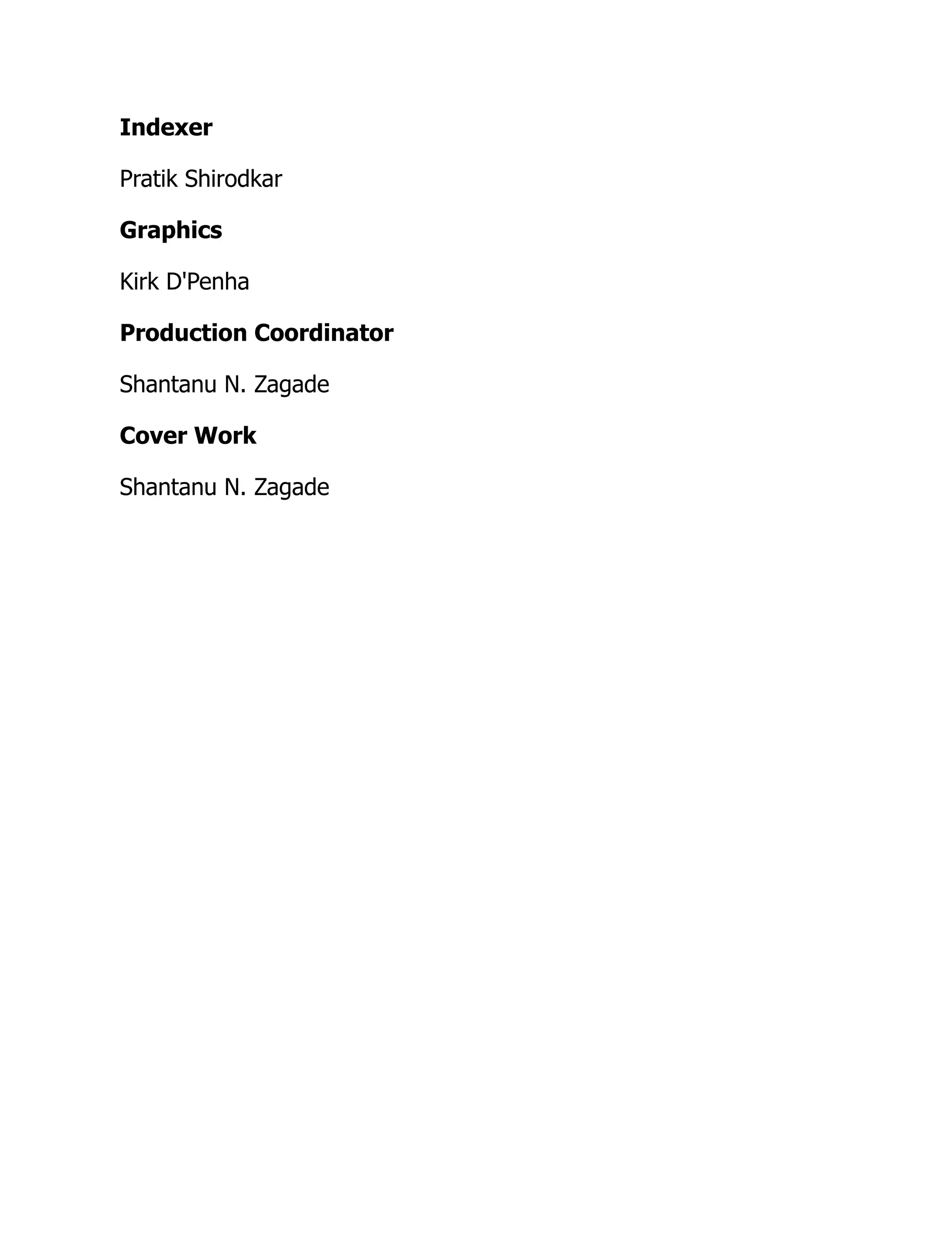 Indexer
Pratik Shirodkar
Graphics
Kirk D'Penha
Production Coordinator
Shantanu N. Zagade
Cover Work
Shantanu N. Zagade
 