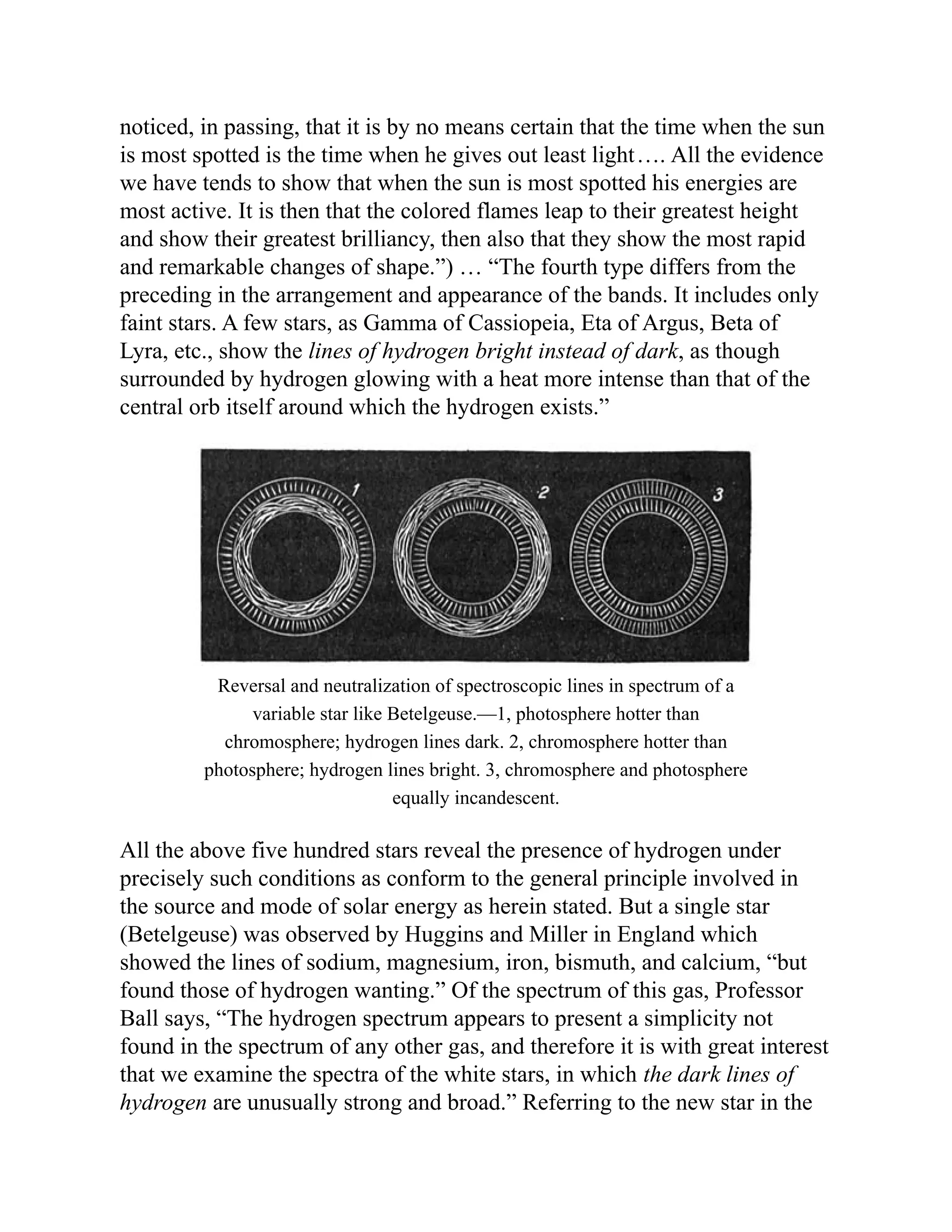 noticed, in passing, that it is by no means certain that the time when the sun
is most spotted is the time when he gives out least light…. All the evidence
we have tends to show that when the sun is most spotted his energies are
most active. It is then that the colored flames leap to their greatest height
and show their greatest brilliancy, then also that they show the most rapid
and remarkable changes of shape.”) … “The fourth type differs from the
preceding in the arrangement and appearance of the bands. It includes only
faint stars. A few stars, as Gamma of Cassiopeia, Eta of Argus, Beta of
Lyra, etc., show the lines of hydrogen bright instead of dark, as though
surrounded by hydrogen glowing with a heat more intense than that of the
central orb itself around which the hydrogen exists.”
Reversal and neutralization of spectroscopic lines in spectrum of a
variable star like Betelgeuse.—1, photosphere hotter than
chromosphere; hydrogen lines dark. 2, chromosphere hotter than
photosphere; hydrogen lines bright. 3, chromosphere and photosphere
equally incandescent.
All the above five hundred stars reveal the presence of hydrogen under
precisely such conditions as conform to the general principle involved in
the source and mode of solar energy as herein stated. But a single star
(Betelgeuse) was observed by Huggins and Miller in England which
showed the lines of sodium, magnesium, iron, bismuth, and calcium, “but
found those of hydrogen wanting.” Of the spectrum of this gas, Professor
Ball says, “The hydrogen spectrum appears to present a simplicity not
found in the spectrum of any other gas, and therefore it is with great interest
that we examine the spectra of the white stars, in which the dark lines of
hydrogen are unusually strong and broad.” Referring to the new star in the
 