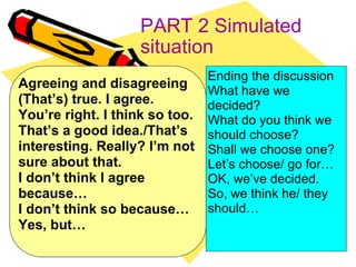 PART 2 Simulated situation Agreeing and disagreeing (That’s) true. I agree. You’re right. I think so too. That’s a good idea./That’s interesting. Really? I’m not sure about that. I don’t think I agree because… I don’t think so because… Yes, but… Ending the discussion What have we decided? What do you think we should choose? Shall we choose one? Let’s choose/ go for… OK, we’ve decided. So, we think he/ they should… 