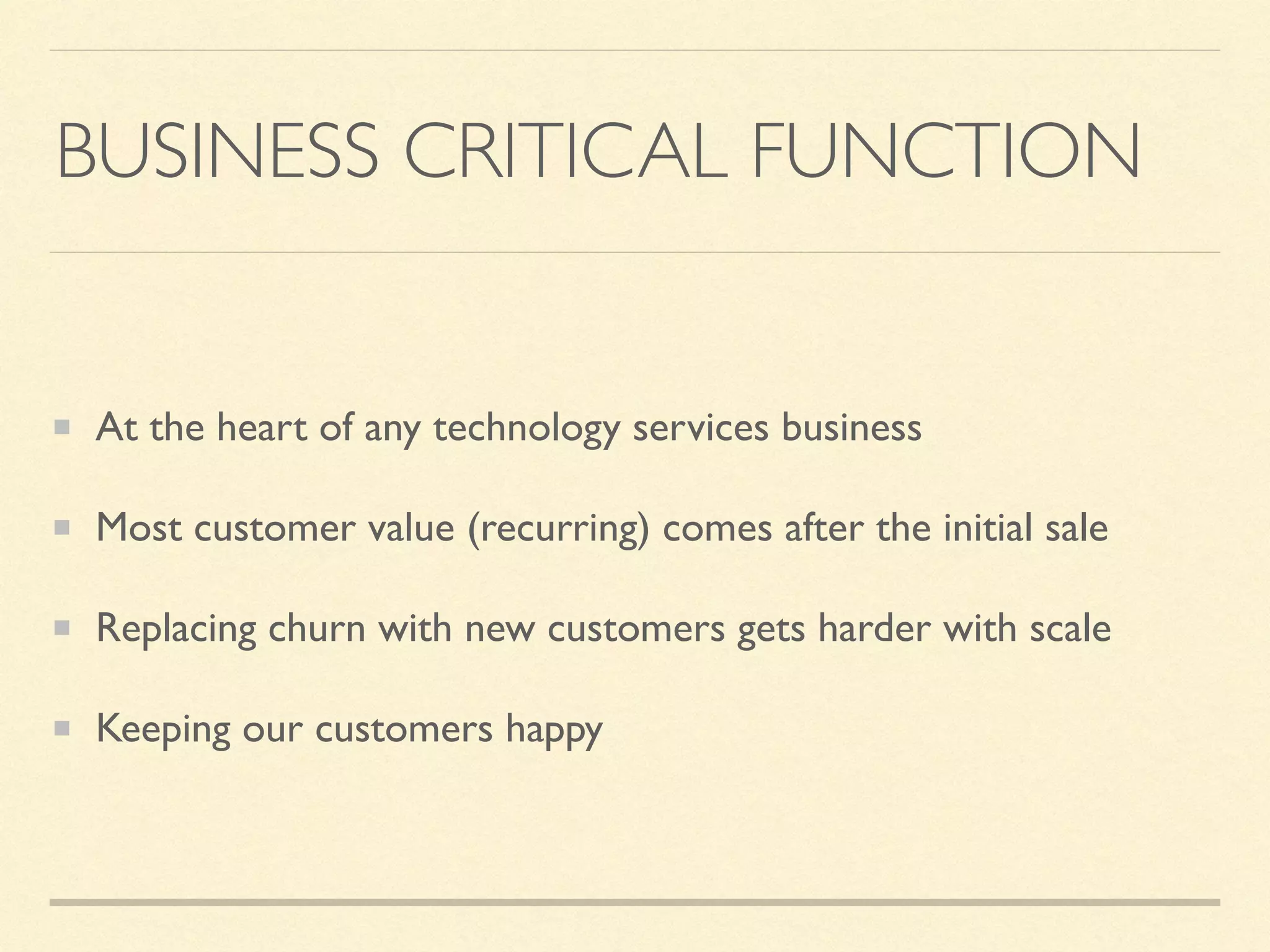 BUSINESS CRITICAL FUNCTION
At the heart of any technology services business
Most customer value (recurring) comes after the initial sale
Replacing churn with new customers gets harder with scale
Keeping our customers happy
 
