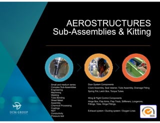 Small and medium series
Complex Sub-Assemblies
Engineering
Machining
Welding
Tube Bending
Sheet Metal
Assembly
Chemical Processing
Coatings
NDT
Conductivity
Pressure test
Door System Components
Crank Assembly, Seal retainer, Tube Assembly, Drainage Fitting
Spring Pot, Latch Box, Torque Tubes
Wing & Flight Control Components
Hinge Box, Flap Arms, Flap Track, Stiffeners, Longerons,
Fittings, Yoke, Hinge Fittings,
Exhaust system / Ducting system / Oxygen Lines
AEROSTRUCTURES
Sub-Assemblies & Kitting
 