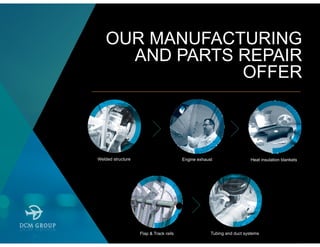 OUR MANUFACTURING
AND PARTS REPAIR
OFFER
Tubing and duct systems
Welded structure
Flap & Track rails
Heat insulation blanketsEngine exhaust
 