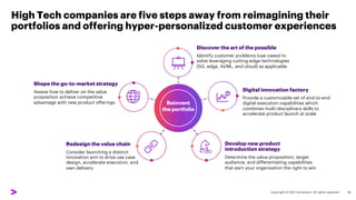 High Tech companies are five steps away from reimagining their
portfolios and offering hyper-personalized customer experiences
19
Develop new product
introduction strategy
Determine the value proposition, target
audience, and differentiating capabilities
that earn your organization the right to win
Redesign the value chain
Consider launching a distinct
innovation arm to drive use case
design, accelerate execution, and
own delivery
Shape the go-to-market strategy
Assess how to deliver on the value
proposition achieve competitive
advantage with new product offerings Reinvent
the portfolio
Digital innovation factory
Provide a customizable set of end-to-end
digital execution capabilities which
combines multi-disciplinary skills to
accelerate product launch at scale
Discover the art of the possible
Identify customer problems (use cases) to
solve leveraging cutting-edge technologies
(5G, edge, AI/ML, and cloud) as applicable
 