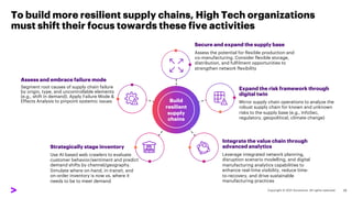 Build
resilient
supply
chains
To build more resilient supply chains, High Tech organizations
must shift their focus towards these five activities
29
Expand the risk framework through
digital twin
Mirror supply chain operations to analyze the
robust supply chain for known and unknown
risks to the supply base (e.g., InfoSec,
regulatory, geopolitical, climate change)
Integrate the value chain through
advanced analytics
Leverage integrated network planning,
disruption scenario modelling, and digital
manufacturing analytics capabilities to
enhance real-time visibility, reduce time-
to-recovery, and drive sustainable
manufacturing practices
Strategically stage inventory
Use AI-based web crawlers to evaluate
customer behavior/sentiment and predict
demand shifts by channel/geography.
Simulate where on-hand, in-transit, and
on-order inventory is now vs. where it
needs to be to meet demand
Assess and embrace failure mode
Segment root causes of supply chain failure
by origin, type, and uncontrollable elements
(e.g., shift in demand). Apply Failure Mode &
Effects Analysis to pinpoint systemic issues
Secure and expand the supply base
Assess the potential for flexible production and
co-manufacturing. Consider flexible storage,
distribution, and fulfilment opportunities to
strengthen network flexibility
 