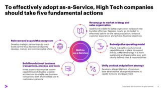 To effectively adopt as-a-Service, High Tech companies
should take five fundamental actions
9
Shift to
as-a-Service
Revamp go to market strategy and
sales organization
Upskill and enable the sales organization to launch new
bundled offerings. Reassess how to go to market to
effectively deliver on the value proposition, enhance
customer experience, and achieve financial objectives
Redesign the operating model
Ensure the right cross-functional
capabilities are in place to support
the Go to Market strategy in a more
sustainable and responsible way, with
clearly defined roles & responsibilities
Unify product and platform strategy
Develop a shared platform of common,
base services that allow product teams to
rapidly innovate and experiment
Build foundational business
transactions, process, and tools
Invest in secure enterprise system
capabilities and develop scalable
architecture to enable new business
transactions with a frictionless user &
customer experience
Reinvent and expand the ecosystem
Develop strategic partnerships to reach
build-partner-buy decisions and jointly
develop, market, and commercialize offers
 