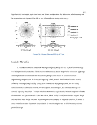 122
hypothetically, during the night-time hours and slower periods of the day when class schedules may not
be as prominent, the lights will be able to turn off completely saving more energy.
Figure 56: Osram Photocell Field of View
Luminaire Alternatives
A second consideration taken with the original lighting design and use of photocell technology
was the replacement of all of the current fluorescent luminaires. From the previous discussion, applying a
dimming ballast to accommodate for the current lighting scheme would be a valid solution to
implementing the photocells. However, taking a step further, there is potential to reduce the overall
electricity consumption by not only having more control over the lighting system, but also using
luminaires that do not require as much power to operate. In that respect, the next area of study is to
consider replacing the current T8 lamps but an LED alternative. Specifically, the new lamp that would be
recommended is a Sylvania SubstiTUBE IS LED T8, which is very closely related to the original design
and one of the main design concerns. By utilizing the same company as originally specified, it creates a
direct comparison in the equipment selection such as ballasts and provides an accurate analysis of the
proposed design.
 