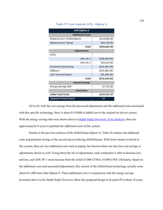 139
Table 37: Cost Analysis ACB – Option A
All in all, with the cost savings from the discussed adjustments and the additional costs associated
with this specific technology, there is about $110,000 of added cost to the original air-driven system.
With the energy savings that were shown above in Depth Study Overview | Cost Analysis, there are
approximately14 years to payback the additional costs of this system.
Similar to the previous analysis of the chilled beam Option A, Table 38 outlines the additional
costs and potential savings of the second layout utilizing chilled beams. With fewer beams involved in
this system, there are less additional costs such as piping, but likewise there are also less cost savings or
adjustments shown as well. Going down the list of adjustments, each component is able to decrease less
and less, and AHU-W-1 must increase from the initial 25,000 CFM to 35,000 CFM. Ultimately, based on
the additional costs and associated adjustments, this version of the chilled beam technology actually costs
about $11,000 more than Option A. These additional costs in conjunction with the energy savings
presented above in the Depth Study Overview allow this proposed design to be paid off in about 18 years.
 