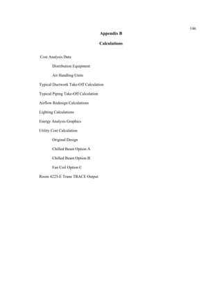 146
Appendix B
Calculations
Cost Analysis Data
Distribution Equipment
Air Handling Units
Typical Ductwork Take-Off Calculation
Typical Piping Take-Off Calculation
Airflow Redesign Calculations
Lighting Calculations
Energy Analysis Graphics
Utility Cost Calculation
Original Design
Chilled Beam Option A
Chilled Beam Option B
Fan Coil Option C
Room 4225-E Trane TRACE Output
 
