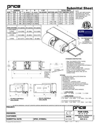 OF REV
ALL METRIC DIMENSIONS ( ) ARE SOFT CONVERTED. IMPERIAL DIMENSIONS ARE CONVERTED TO METRIC AND ROUNDED TO THE NEAREST MILLIMETER.
SHEET
SolidEdge
1 1 J
FAN COIL
2011/10/31
246798
PROJECT:
ENGINEER:
CUSTOMER:
SUBMITTAL DATE: SPEC. SYMBOL:
Submittal Sheet
© Copyright PRICE INDUSTRIES 2011
10.6
269
8.0
202
A
HORIZONTAL CONCEALED
W/OUT PLENUM
FC - H - C - B
STANDARD CONSTRUCTION:
• 20ga. GALVANIZED STEEL CASING
• GALVANIZED HARDWARE
• COOLING COIL EQUIPPED WITH
GALVANIZED STEEL DRAIN PAN EXTERNALLY
INSULATED WITH FOAM
• 3/4" NPT DRAIN CONNECTION
• PSC ELECTRIC MOTORS WITH 3 SPEEDS
• COILS - 1/2" O.D. COPPER TUBES,
ALUMINUM SINE WAVE FINS, 5/8" OD
CONNECTIONS
SIZE 02-12
DRAIN PAN
SLOPED
TOWARD
DRAIN
FITTING
OPTIONS:
! STAINLESS STEEL INSULATED DRAIN PAN
! SECONDARY DRAIN
! DISCONNECT SWITCH
! MOTOR FUSE
! THERMOSTAT - SHIPPED LOOSE
! 115V/50-60Hz/1PH MOTOR WITH 3 SPEEDS
! 208-240V/50-60Hz/1PH MOTOR WITH 3 SPEEDS
! 277V/60Hz/1PH MOTOR WITH 3 SPEEDS
! HANGER BRACKETS
! AUXILARY DRAIN PAN
! MOTOR QUICK CONN. WIRE HARNESS
! 2 PIPE SYSTEM
! 1 - ROW ! 2 - ROW ! 3 - ROW ! 4 - ROW
! 4 PIPE SYSTEM
! W/ PREHEAT (HEATING/COOLING)
! 1/3 - ROW ! 2/3 - ROW ! 1/4 - ROW ! 2/4 - ROW
! W/ REHEAT (COOLING/HEATING)
! 3/1 - ROW ! 3/2 - ROW ! 4/1 - ROW !4/2 - ROW
FC-PSC3 CONTROLS
ENCLOSURE
!
PIC-FC CONTROLS
ENCLOSURE
!
D E
C
C C
PIPE SYSTEM C in.(mm) D in.(mm) E in.(mm)
1 OR 2 ROW
2 PIPE 13.9 (353) 20 (508) 24.4 (620)
3 OR 4 ROW
2 PIPE 18.9 (480) 25 (635) 29.4 (747)
4 PIPE 22.5 (571) 28.6 (726) 33 (838)
CFM l/s 115V 208/240V 277V
02 200 94 16.0 (406) 28.1 (714) 1 1/30 0.7 0.5 0.5
03 300 142 25.0 (635) 37.4 (950) 1 1/30 0.7 0.5 0.5
06 600 283 30.0 (762) 42.1 (1069) 2 1/10 1.8 0.7 0.64
08 800 378 40.0 (1016) 52.1 (1323) 2 1/10 1.8 0.7 0.64
10 1000 472 50.0 (1270) 62.1 (1577) 3 1/10, 1/30 2.5 1.2 1.14
12 1200 566 60.0 (1524) 71.8 (1824) 4 1/10, 1/10 3.28 1.4 1.28
TOTAL AMPS
SIZE
NOMINAL A
in. (mm)
B
in. (mm)
# OF
BLOWERS MOTORS (HP)
NOTE:
TOTAL UNIT AMPS SHOWN
ARE BASED ON MOTOR
SPECIFICATIONS. ACTUAL
PERFORMANCE WILL
VARY WITH THE
APPLICATION
8
[202]
A
AUXILARY DRAIN PANOPTIONAL
B
13.8
352
RH CONFIGURATION
SHOWN
HANDING
DETERMINED BY
LOOKING AT INLET
 