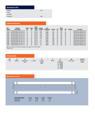 LED 10 T8 L 24 / 8 27 / 120 / 120-277V
LED Wattage Replacement L = Length 24 inches CRI>80 Color Beam angle Universal
Lamp overall Temperature voltage
length 27 = 2700K
30 = 3000K
35 = 3500K
41 = 4100K
50 = 5000K
Ordering Guide
Mechanical Diagram
Catalog # Type
Project
Comments
Prepared by Date
Speciﬁcation Data
L3
L2
L1
L4
Ordering Information
Input
Item Ordering Length Power Voltage Current Color Beam
Number Abbreviation (in.) (W) (VAC) @ 120VAC Temperature Lumens* CRI Angle LPW Watts/ft. Lens Finish
70678 LED10T8L24/827/120/120-277V 24 10 120-277 0.08 2700K 750 84 120° 75 5 Polycarbonate Diffusing Lens
70679 LED10T8L24/830/120/120-277V 24 10 120-277 0.08 3000K 800 84 120° 80 5 Polycarbonate Diffusing Lens
70680 LED10T8L24/835/120/120-277V 24 10 120-277 0.08 3500K 800 85 120° 80 5 Polycarbonate Diffusing Lens
70681 LED10T8L24/841/120/120-277V 24 10 120-277 0.08 4100K 850 85 120° 85 5 Polycarbonate Diffusing Lens
70682 LED10T8L24/850/120/120-277V 24 10 120-277 0.08 5000K 850 88 120° 85 5 Polycarbonate Diffusing Lens
70683 LED20T8L48/827/120/120-277V 48 20 120-277 0.17 2700K 1500 84 120° 75 5 Polycarbonate Diffusing Lens
70684 LED20T8L48/830/120/120-277V 48 20 120-277 0.17 3000K 1600 84 120° 80 5 Polycarbonate Diffusing Lens
70685 LED20T8L48/835/120/120-277V 48 20 120-277 0.17 3500K 1700 85 120° 85 5 Polycarbonate Diffusing Lens
70686 LED20T8L48/841/120/120-277V 48 20 120-277 0.17 4100K 1700 85 120° 85 5 Polycarbonate Diffusing Lens
70687 LED20T8L48/850/120/120-277V 48 20 120-277 0.17 5000K 1750 87 120° 88 5 Polycarbonate Diffusing Lens
* Margin ±10%
Product Description L1 (in) L2 (in) L3 (in) L4 (mm)
LED10T8L24 23.75 23.45 23.20 27.9
LED20T8L48 47.75 47.44 47.12 27.9
 