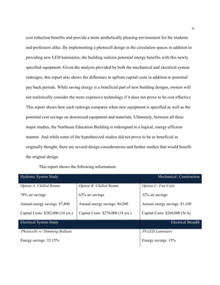 ii
cost reduction benefits and provide a more aesthetically pleasing environment for the students
and professors alike. By implementing a photocell design in the circulation spaces in addition to
providing new LED luminaires, the building realizes potential energy benefits with this newly
specified equipment. Given the analysis provided by both the mechanical and electrical system
redesigns, this report also shows the difference in upfront capital costs in addition to potential
pay back periods. While saving energy is a beneficial part of new building designs, owners will
not realistically consider the more expensive technology if it does not prove to be cost effective.
This report shows how each redesign compares when new equipment is specified as well as the
potential cost savings on downsized equipment and materials. Ultimately, between all three
major studies, the Northeast Education Building is redesigned in a logical, energy efficient
manner. And while some of the hypothesized studies did not prove to be as beneficial as
originally thought, there are several design considerations and further studies that would benefit
the original design.
This report shows the following information:
Hydronic System Study Mechanical | Construction
Option A: Chilled Beams Option B: Chilled Beams Option C: Fan Coils
78% air savings
Annual energy savings: $7,800
Capital Costs: $282,000 (14 yrs.)
62% air savings
Annual energy savings: $6,500
Capital Costs: $270,000 (18 yrs.)
32% air savings
Annual energy savings: $1,100
Capital Costs: $268,000 (N/A)
Electrical System Study Electrical Breadth
Photocells w/ Dimming Ballasts
Energy savings: 32.15%
T8 LED Luminaire
Energy savings: 15%
 