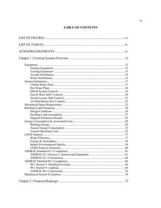 iii
TABLE OF CONTENTS
LIST OF FIGURES .....................................................................................................vi
LIST OF TABLES.......................................................................................................ix
ACKNOWLEDGEMENTS.........................................................................................xi
Chapter 1 | Existing Systems Overview.......................................................................12
Equipment........................................................................................................................12
Heating Equipment...................................................................................................12
Cooling Equipment ..................................................................................................13
Airside Distribution..................................................................................................14
Water Distribution....................................................................................................16
System Schematics...........................................................................................................17
Chilled Water Plant ..................................................................................................17
Hot Water Plant........................................................................................................18
DOAS System Controls ...........................................................................................19
East & West AHU Controls .....................................................................................20
Tiered Lecture Hall Controls....................................................................................21
Air Distribution Box Controls..................................................................................22
Mechanical Space Requirement.......................................................................................23
Building Load Estimation ................................................................................................24
Design Conditions....................................................................................................24
Building Load Assumption ......................................................................................27
Original Estimation Results .....................................................................................29
Energy Consumption & Associated Costs .......................................................................30
Building Energy .......................................................................................................30
Annual Energy Consumption...................................................................................32
Annual Operating Costs ...........................................................................................35
LEED Analysis ................................................................................................................37
Water Efficiency ......................................................................................................37
Energy & Atmosphere..............................................................................................38
Indoor Environmental Quality..................................................................................39
LEED Analysis Summary ........................................................................................40
ASHRAE Standard 62.1 Compliance ..............................................................................41
ASHRAE 62.1 Section 5: Systems and Equipment .................................................41
ASHRAE 62.1 Conclusions .....................................................................................64
ASHRAE Standard 90.1 Compliance ..............................................................................66
90.1 Section 5: Building Envelope...........................................................................66
90.1 Section 9: Lighting...........................................................................................69
ASHRAE 90.1 Conclusions .....................................................................................70
Mechanical System Evaluation........................................................................................70
Chapter 2 | Proposed Redesign ....................................................................................72
 