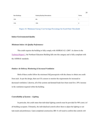 39
Figure 15. Minimum Energy Cost Savings Percentage for Each Point Threshold
Indoor Environmental Quality
Minimum Indoor Air Quality Performance
This credit requires the building to fully comply with ASHRAE 62.1-2007. As shown in the
Technical Report 1, the Northeast Education Building falls into this category and is fully compliant with
the ASHRAE standards.
Outdoor Air Delivery Monitoring & Increased Ventilation
Both of these credits follow the minimum IAQ prerequisite with the chance to obtain one credit
from each. As per the design, there are CO2 sensors to monitor the requirements for increased or
decreased ventilation. Likewise, all of the systems and demand loads have been sized for a 30% increase
in the ventilation required within the building.
Controllability of Systems – Lighting
In particular, this credit states that individual lighting controls must be provided for 90% (min.) of
all building occupants. Ultimately, the individualized controls allow them to adjust the lighting to suit
task needs and preferences. Upon completed construction, BR+A will need to confirm that controls will
 
