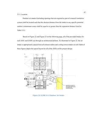 47
5.5.1 Location
Outdoor air intakes (including openings that are required as part of a natural ventilation
system) shall be located such that the shortest distance from the intake to any specific potential
outdoor contaminant source shall be equal to or greater than the separation distance listed in
Table 5.5.1.
Based on Figure 22 and Figure 23 on the following page, all of the provided intakes for
each AHU and EAHU are through an architectural plenum. As illustrated in Figure 22, the air
intake is appropriately spaced from all exhaust outlets and cooling tower intakes as well. Both of
these figures depict the typical layout for all of the AHUs in this project design.
Figure 22: EAHU-E-1 Outdoor Air Intake
 