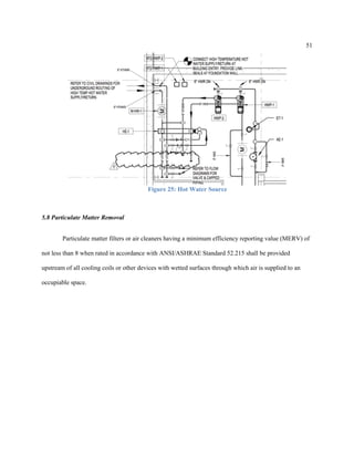51
Figure 25: Hot Water Source
5.8 Particulate Matter Removal
Particulate matter filters or air cleaners having a minimum efficiency reporting value (MERV) of
not less than 8 when rated in accordance with ANSI/ASHRAE Standard 52.215 shall be provided
upstream of all cooling coils or other devices with wetted surfaces through which air is supplied to an
occupiable space.
 