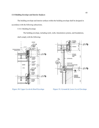 60
5.14 Building Envelope and Interior Surfaces
The building envelope and interior surfaces within the building envelope shall be designed in
accordance with the following subsections.
5.14.1 Building Envelope
The building envelope, including roofs, walls, fenestration systems, and foundations,
shall comply with the following:
Figure 30: Upper Levels & Roof Envelope Figure 31: Ground & Lower Level Envelope
 