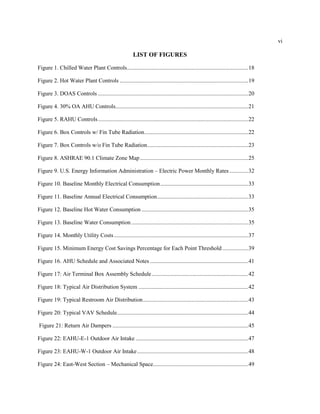 vi
LIST OF FIGURES
Figure 1. Chilled Water Plant Controls....................................................................................18
Figure 2. Hot Water Plant Controls .........................................................................................19
Figure 3. DOAS Controls ........................................................................................................20
Figure 4. 30% OA AHU Controls............................................................................................21
Figure 5. RAHU Controls........................................................................................................22
Figure 6. Box Controls w/ Fin Tube Radiation........................................................................22
Figure 7. Box Controls w/o Fin Tube Radiation......................................................................23
Figure 8. ASHRAE 90.1 Climate Zone Map...........................................................................25
Figure 9. U.S. Energy Information Administration – Electric Power Monthly Rates .............32
Figure 10. Baseline Monthly Electrical Consumption.............................................................33
Figure 11. Baseline Annual Electrical Consumption...............................................................33
Figure 12. Baseline Hot Water Consumption ..........................................................................35
Figure 13. Baseline Water Consumption .................................................................................35
Figure 14. Monthly Utility Costs.............................................................................................37
Figure 15. Minimum Energy Cost Savings Percentage for Each Point Threshold..................39
Figure 16. AHU Schedule and Associated Notes ....................................................................41
Figure 17: Air Terminal Box Assembly Schedule...................................................................42
Figure 18: Typical Air Distribution System ............................................................................42
Figure 19: Typical Restroom Air Distribution.........................................................................43
Figure 20: Typical VAV Schedule...........................................................................................44
Figure 21: Return Air Dampers ..............................................................................................45
Figure 22: EAHU-E-1 Outdoor Air Intake ..............................................................................47
Figure 23: EAHU-W-1 Outdoor Air Intake.............................................................................48
Figure 24: East-West Section – Mechanical Space..................................................................49
 