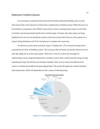 75
Displacement Ventilation Expansion
In reviewing the construction documents for the Northeast Education Building, there are four
main lecture halls on the Second Level that utilize a displacement ventilation system. While this proves to
be beneficial in conjunction with a DOAS system, there are three remaining lecture spaces on the Third
Level that could also potentially benefit from a similar design. Currently, these three spaces are being
handled by the same two air distribution systems as the lower lecture halls. However, these operate on a
typical ceiling distribution with VAV mixing boxes to condition the classrooms.
In reference to a previously used chart, Figure 37 displays the ~25% of electrical energy that is
consumed by all of the air handling systems. The two pieces that are broken out directly reference the two
units that supply the air to the lecture spaces. While this is only 6% as shown by the graph, by
implementing a newly integrated displacement ventilation system, there could be potential energy savings
regarding fan usage. By utilizing recirculating air handlers, there is not as much strain placed on the
system to ventilate and condition the space appropriately. This system decouples the sensible and latent
load requirements, which will potentially provide a means of reducing energy.
Figure 37: Annual Electricity Consumption
 