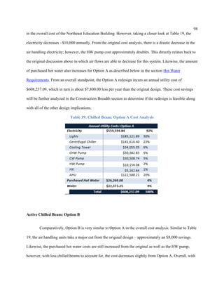 98
in the overall cost of the Northeast Education Building. However, taking a closer look at Table 19, the
electricity decreases ~$10,000 annually. From the original cost analysis, there is a drastic decrease in the
air handling electricity; however, the HW pump cost approximately doubles. This directly relates back to
the original discussion above in which air flows are able to decrease for this system. Likewise, the amount
of purchased hot water also increases for Option A as described below in the section Hot Water
Requirements. From an overall standpoint, the Option A redesign incurs an annual utility cost of
$608,237.09, which in turn is about $7,800.00 less per year than the original design. These cost savings
will be further analyzed in the Construction Breadth section to determine if the redesign is feasible along
with all of the other design implications.
Table 19: Chilled Beam: Option A Cost Analysis
Active Chilled Beam: Option B
Comparatively, Option B is very similar to Option A in the overall cost analysis. Similar to Table
19, the air handling units take a major cut from the original design – approximately an $8,000 savings.
Likewise, the purchased hot water costs are still increased from the original as well as the HW pump;
however, with less chilled beams to account for, the cost decreases slightly from Option A. Overall, with
 