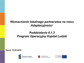 Wzmacnianie lokalnego partnerstwa na rzecz
                  Adaptacyjności

                   Poddziałanie 8.1.3
            Program Operacyjny Kapitał Ludzki



Toruń, 13.02.2013
 