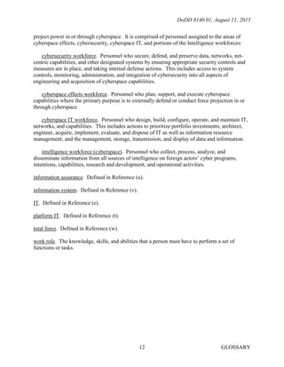 DoDD 8140.01, August 11, 2015
GLOSSARY12
project power in or through cyberspace. It is comprised of personnel assigned to the areas of
cyberspace effects, cybersecurity, cyberspace IT, and portions of the Intelligence workforces:
cybersecurity workforce. Personnel who secure, defend, and preserve data, networks, net-
centric capabilities, and other designated systems by ensuring appropriate security controls and
measures are in place, and taking internal defense actions. This includes access to system
controls, monitoring, administration, and integration of cybersecurity into all aspects of
engineering and acquisition of cyberspace capabilities.
cyberspace effects workforce. Personnel who plan, support, and execute cyberspace
capabilities where the primary purpose is to externally defend or conduct force projection in or
through cyberspace.
cyberspace IT workforce. Personnel who design, build, configure, operate, and maintain IT,
networks, and capabilities. This includes actions to prioritize portfolio investments; architect,
engineer, acquire, implement, evaluate, and dispose of IT as well as information resource
management; and the management, storage, transmission, and display of data and information.
intelligence workforce (cyberspace). Personnel who collect, process, analyze, and
disseminate information from all sources of intelligence on foreign actors’ cyber programs,
intentions, capabilities, research and development, and operational activities.
information assurance. Defined in Reference (u).
information system. Defined in Reference (v).
IT. Defined in Reference (e).
platform IT. Defined in Reference (t).
total force. Defined in Reference (w).
work role. The knowledge, skills, and abilities that a person must have to perform a set of
functions or tasks.
 