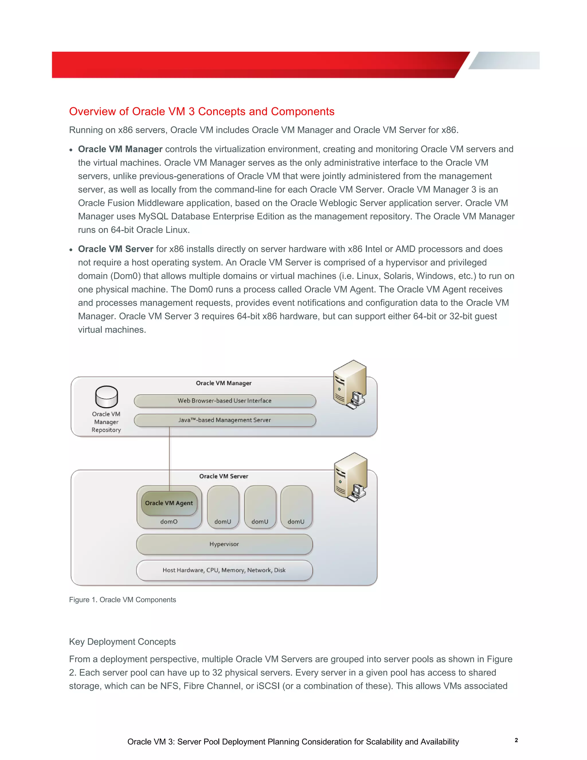 Oracle VM 3: Server Pool Deployment Planning Consideration for Scalability and Availability 2
Overview of Oracle VM 3 Concepts and Components
Running on x86 servers, Oracle VM includes Oracle VM Manager and Oracle VM Server for x86.
 Oracle VM Manager controls the virtualization environment, creating and monitoring Oracle VM servers and
the virtual machines. Oracle VM Manager serves as the only administrative interface to the Oracle VM
servers, unlike previous-generations of Oracle VM that were jointly administered from the management
server, as well as locally from the command-line for each Oracle VM Server. Oracle VM Manager 3 is an
Oracle Fusion Middleware application, based on the Oracle Weblogic Server application server. Oracle VM
Manager uses MySQL Database Enterprise Edition as the management repository. The Oracle VM Manager
runs on 64-bit Oracle Linux.
 Oracle VM Server for x86 installs directly on server hardware with x86 Intel or AMD processors and does
not require a host operating system. An Oracle VM Server is comprised of a hypervisor and privileged
domain (Dom0) that allows multiple domains or virtual machines (i.e. Linux, Solaris, Windows, etc.) to run on
one physical machine. The Dom0 runs a process called Oracle VM Agent. The Oracle VM Agent receives
and processes management requests, provides event notifications and configuration data to the Oracle VM
Manager. Oracle VM Server 3 requires 64-bit x86 hardware, but can support either 64-bit or 32-bit guest
virtual machines.
Figure 1. Oracle VM Components
Key Deployment Concepts
From a deployment perspective, multiple Oracle VM Servers are grouped into server pools as shown in Figure
2. Each server pool can have up to 32 physical servers. Every server in a given pool has access to shared
storage, which can be NFS, Fibre Channel, or iSCSI (or a combination of these). This allows VMs associated
 