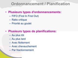 • Plusieurs types d'ordonnancements:
– FIFO (First In First Out)
– Ratio critique
– Priorité au goulet
• Plusieurs types de planifications:
– Au plus tôt
– Au plus tard
– Avec flottement
– Avec chevauchement
– Par fractionnement
Ordonnancement / Planification
 