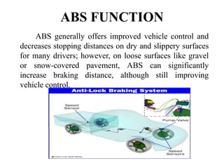 ABS FUNCTION
ABS generally offers improved vehicle control and
decreases stopping distances on dry and slippery surfaces
for many drivers; however, on loose surfaces like gravel
or snow-covered pavement, ABS can significantly
increase braking distance, although still improving
vehicle control.
 