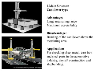 1.Main Structure
Cantilever type
Advantage:
Large measuring range
Maximum accessibility
Disadvantage:
Bending of the cantilever above the
measuring area
Application:
For checking sheet metal, cast iron
and steel parts in the automotive
industry, aircraft construction and
shipbuilding.
 