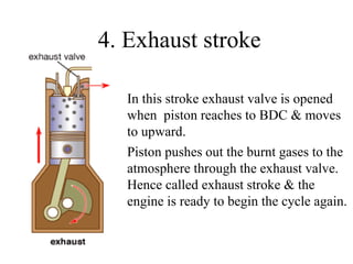 4. Exhaust stroke
In this stroke exhaust valve is opened
when piston reaches to BDC & moves
to upward.
Piston pushes out the burnt gases to the
atmosphere through the exhaust valve.
Hence called exhaust stroke & the
engine is ready to begin the cycle again.
 