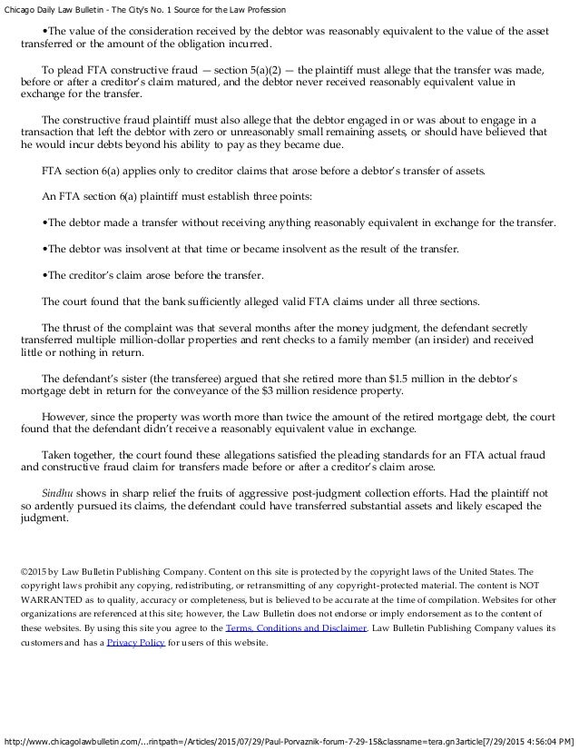 Chicago Daily Law Bulletin 7.29.15 Fraudulent Transfer Act Pleadi…