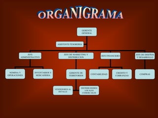 GERENTE
GENERAL
JEFE
ADMINISTRATIVO
ASISTENTE/TESORERIA
JEFE DE MARKETING Y
DISTRIBUCION
JEFE FINANCIERO
NOMINA Y
OPERACIONES
INVENTARIOS Y
MERCADERIA
GERENTE DE
TERRITORIOS
CONTABILIDAD
CREDITO Y
COBRANZAS
JEFE DE DISEÑOS
Y DESARROLLO
COMPRAS
VENDEDORES AL
DETALLE
DISTRIBUIDORES
LOCALES
COMERCAILES
 