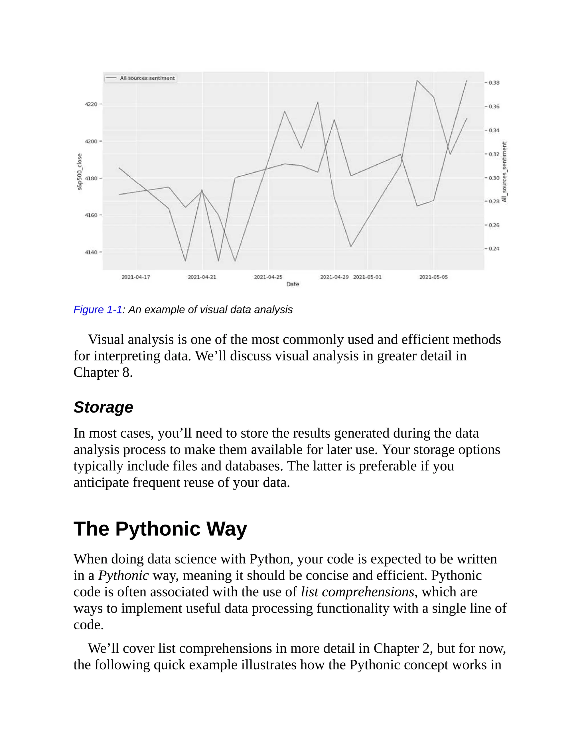 Figure 1-1: An example of visual data analysis
Visual analysis is one of the most commonly used and efficient methods
for interpreting data. We’ll discuss visual analysis in greater detail in
Chapter 8.
Storage
In most cases, you’ll need to store the results generated during the data
analysis process to make them available for later use. Your storage options
typically include files and databases. The latter is preferable if you
anticipate frequent reuse of your data.
The Pythonic Way
When doing data science with Python, your code is expected to be written
in a Pythonic way, meaning it should be concise and efficient. Pythonic
code is often associated with the use of list comprehensions, which are
ways to implement useful data processing functionality with a single line of
code.
We’ll cover list comprehensions in more detail in Chapter 2, but for now,
the following quick example illustrates how the Pythonic concept works in
 