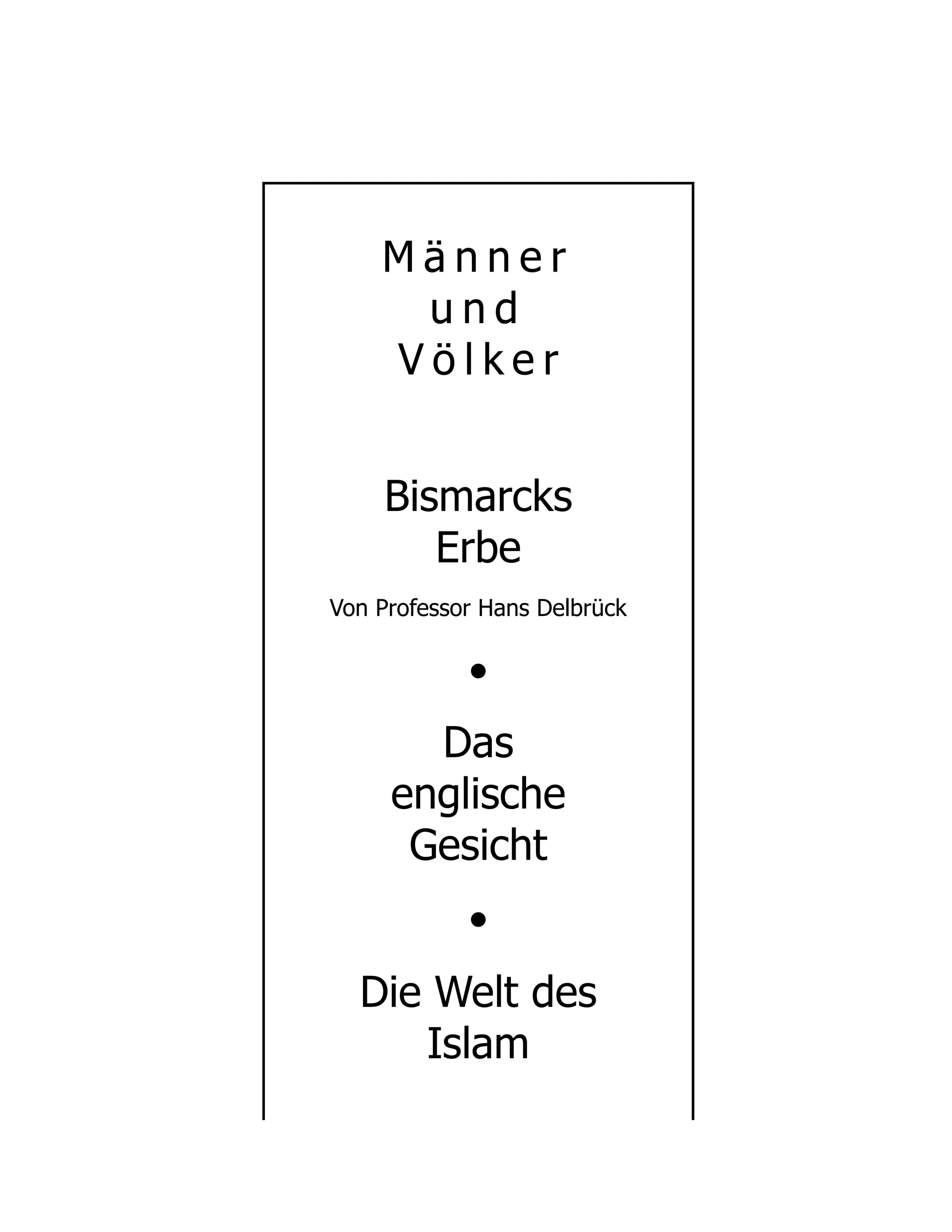 M ä n n e r
u n d
V ö l k e r
Bismarcks
Erbe
Von Professor Hans Delbrück
•
Das
englische
Gesicht
•
Die Welt des
Islam
 