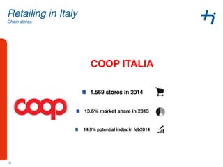 Chain stores
Retailing in Italy
COOP ITALIA
1.569 stores in 2014
13.6% market share in 2013
14.9% potential index in feb2014
31
 