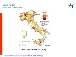 ----------The population of Italy
Basic Facts
Population : 60,550,848 (2015)
8 http://media-3.web.britannica.com/eb-media/55/71755-004-A143B5E1.jpg
 