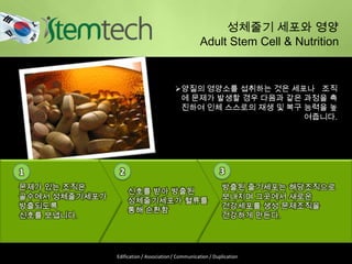 양질의 영양소를 섭취하는 것은 세포나 조
직에 문제가 발생할 경우 다음과 같은 과정을
촉진하여 인체 스스로의 재생 및 복구 능력을
높여줍니다.
성체줄기 세포와 영양
Adult Stem Cell & Nutrition
문제가 있는 조직은
골수에서 성체줄기세포가
방출되도록
신호를 보냅니다.
방출된 줄기세포는 해당조직으로
보내지며 그곳에서 새로운
건강세포를 생성 문제조직을
건강하게 만든다.
신호를 받아 방출된
성체줄기세포가 혈류를
통해 순환함
1 2 3
Edification / Association / Communication / Duplication
 