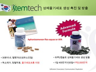 Aphanizomenon flos-aquae or AFA
Edification / Association / Communication / Duplication
• 30분이내, 혈행개선(섬유소조절)
• 독소제거, 청혈작용, 줄기세포흐름 지원
• 하루2캡슐로 성체줄기세포 생성 방출
• 1일 400만개 X30일=1억2,000만개
성체줄기세포 생성 촉진 및 방출
 