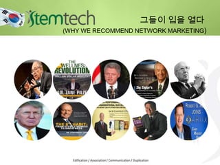 Edification / Association / Communication / Duplication
(WHY WE RECOMMEND NETWORK MARKETING)
그들이 입을 열다
 